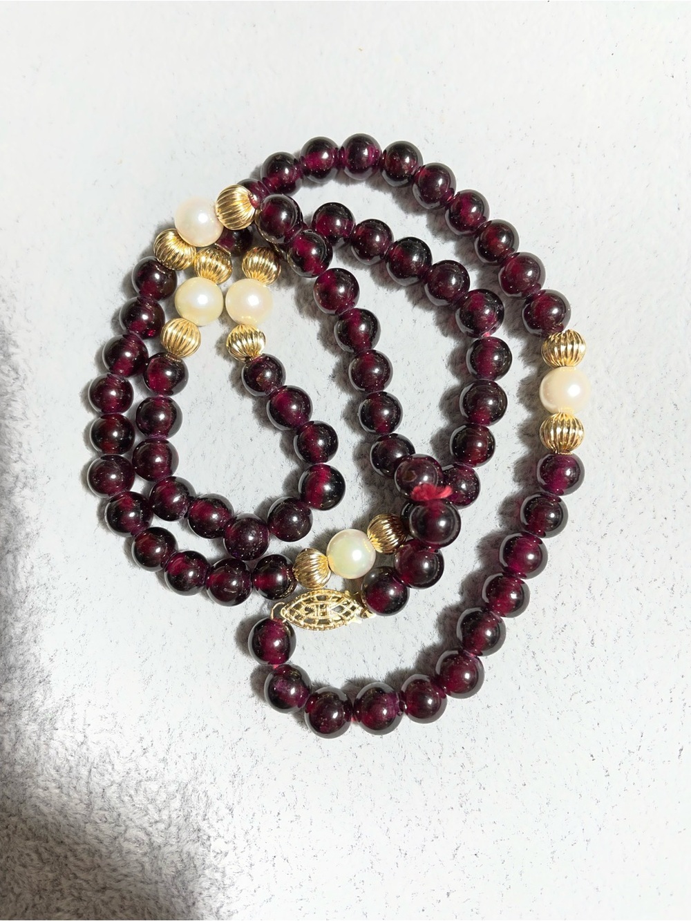Vintage Elegant Garnet Cultured Pearls Beaded Necklace 18" L
